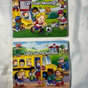 Fisher-Price Little People Board Book Lot Let’s Get Moving & Go to School 2012